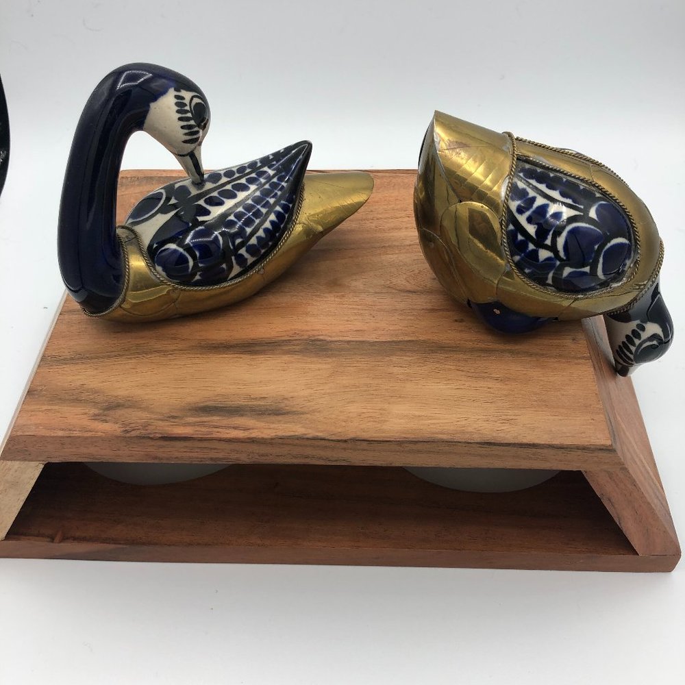 Vintage Tonala Ceramic and Brass Geese Pair